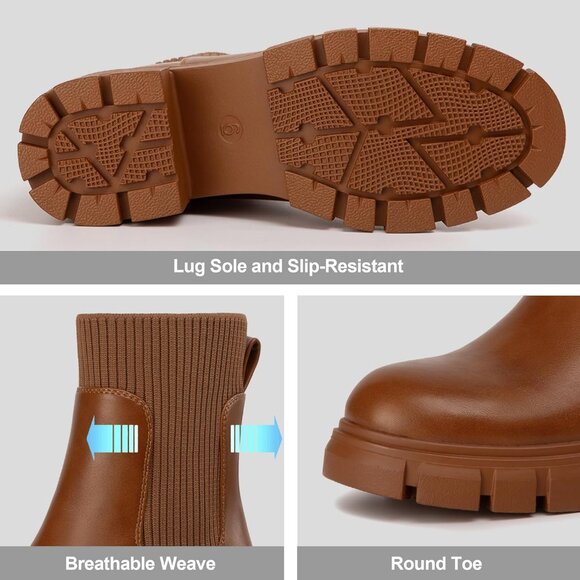 Women Tan Suede Low Wedge Heel Slip On Chunky Platform Chelsea Ankle Boots - Picture 3 of 6